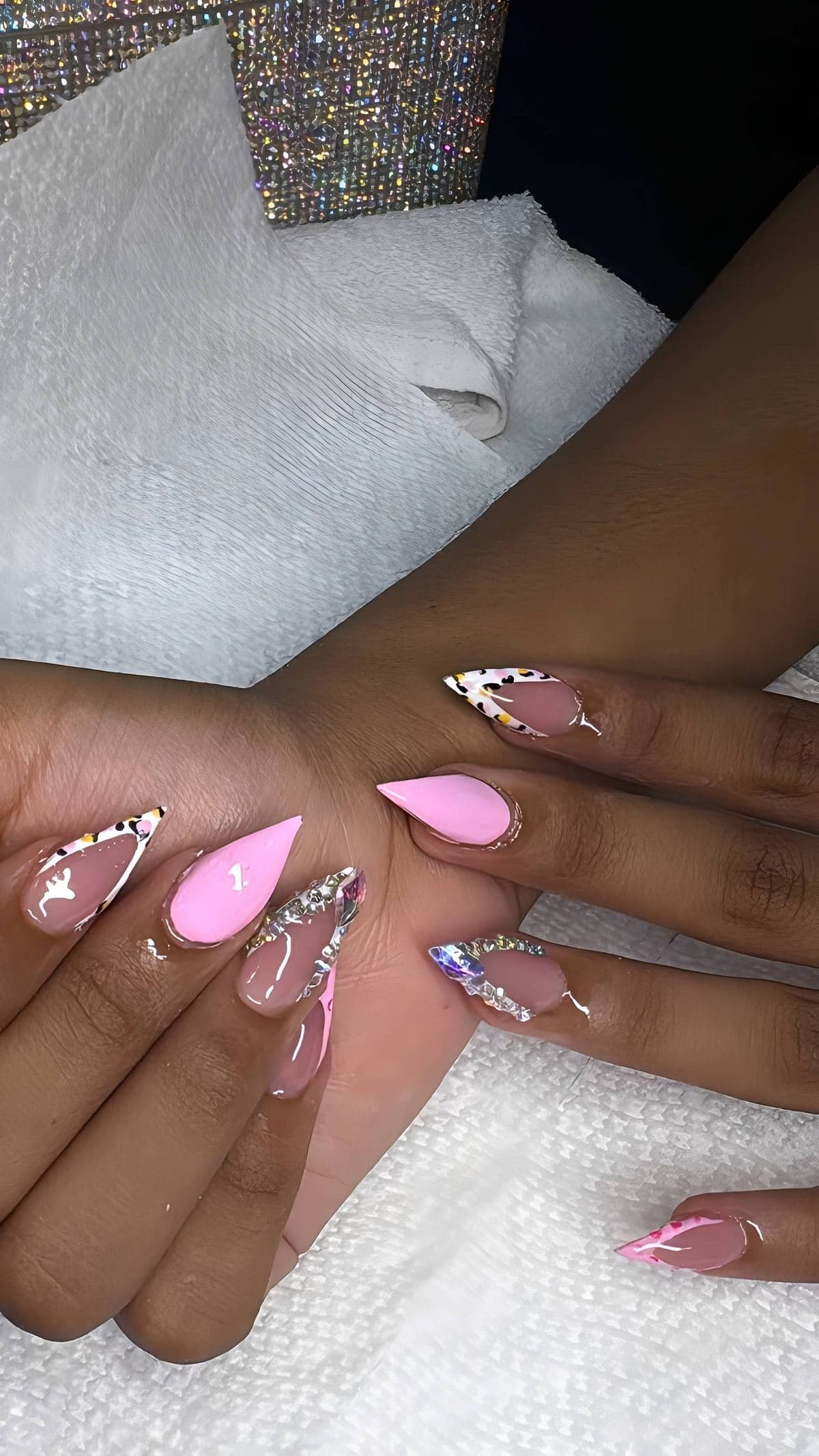 Long stiletto set in mixed pastel colors with polka dots and star charms