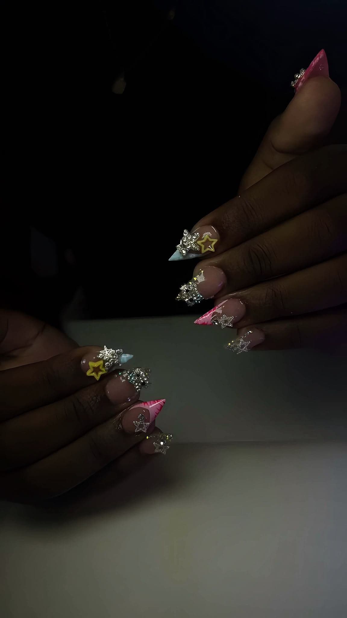 Stiletto set with silver star charms and crystal clusters